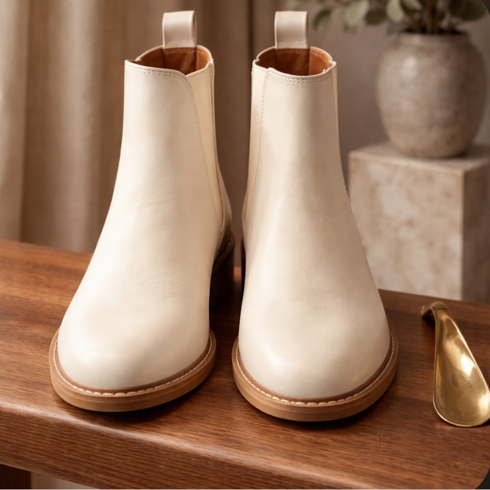 CHELSEA Boot Creamy White Pull On Elastic Heavy Sole Sz 12